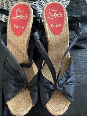 Christian Louboutin Black Satin Espadrille Wedges with Ankle Ties
